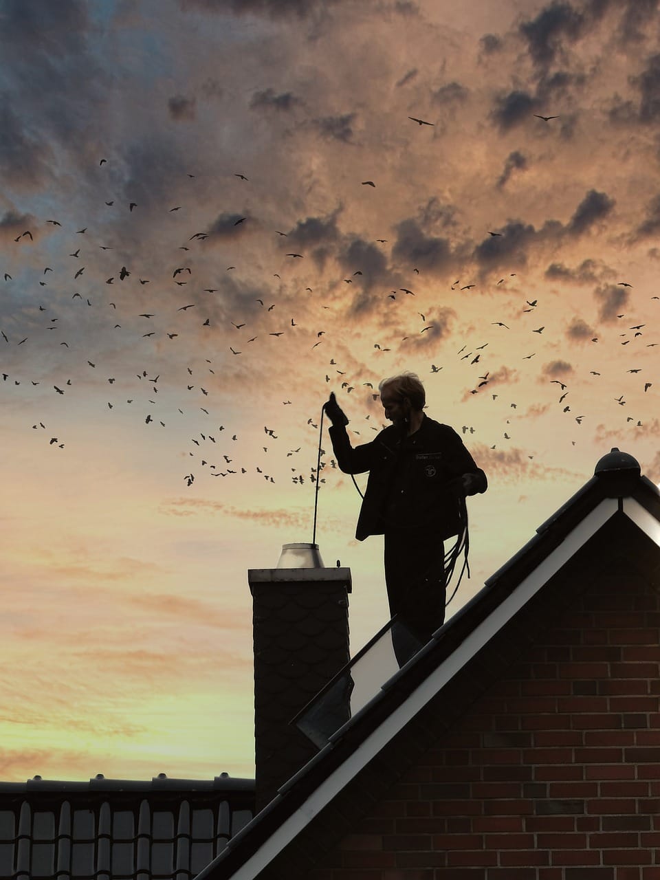 chimney sweep, chimney, roof, cleaning, work, nature, sky, birds, sunset, worker, man, house, dusk, lucky charm, chimney sweep, chimney sweep, chimney sweep, chimney sweep, chimney sweep